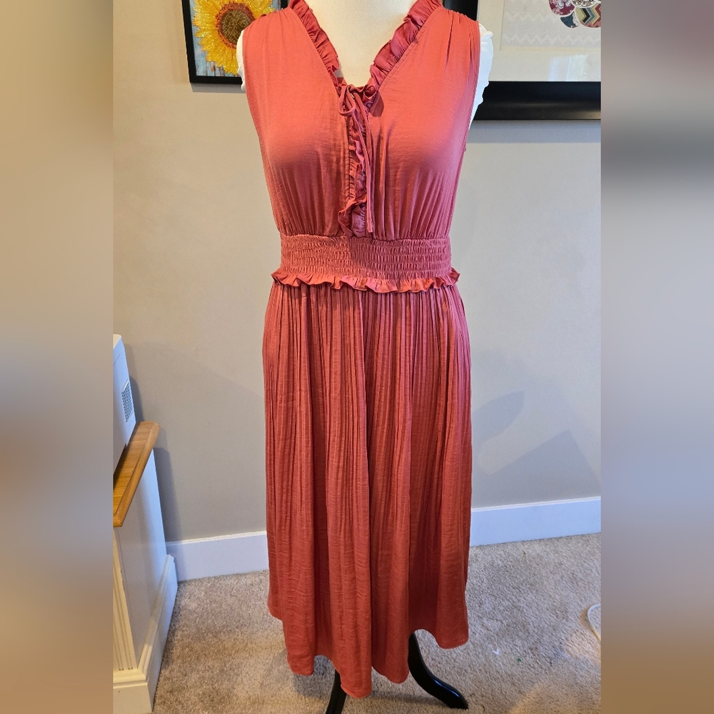 10/12 Lane Bryant Sleeveless Coral Midi Dress with Ruffle Detail Pleated Skirt
